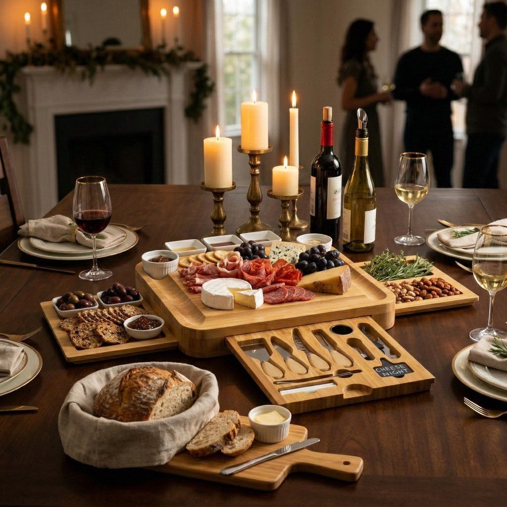 Luxury Bamboo Charcuterie Board Set with Hidden Drawers, Cheese Knives & Ceramic Bowls – Expandable Cheese Board Gift Set for Entertaining