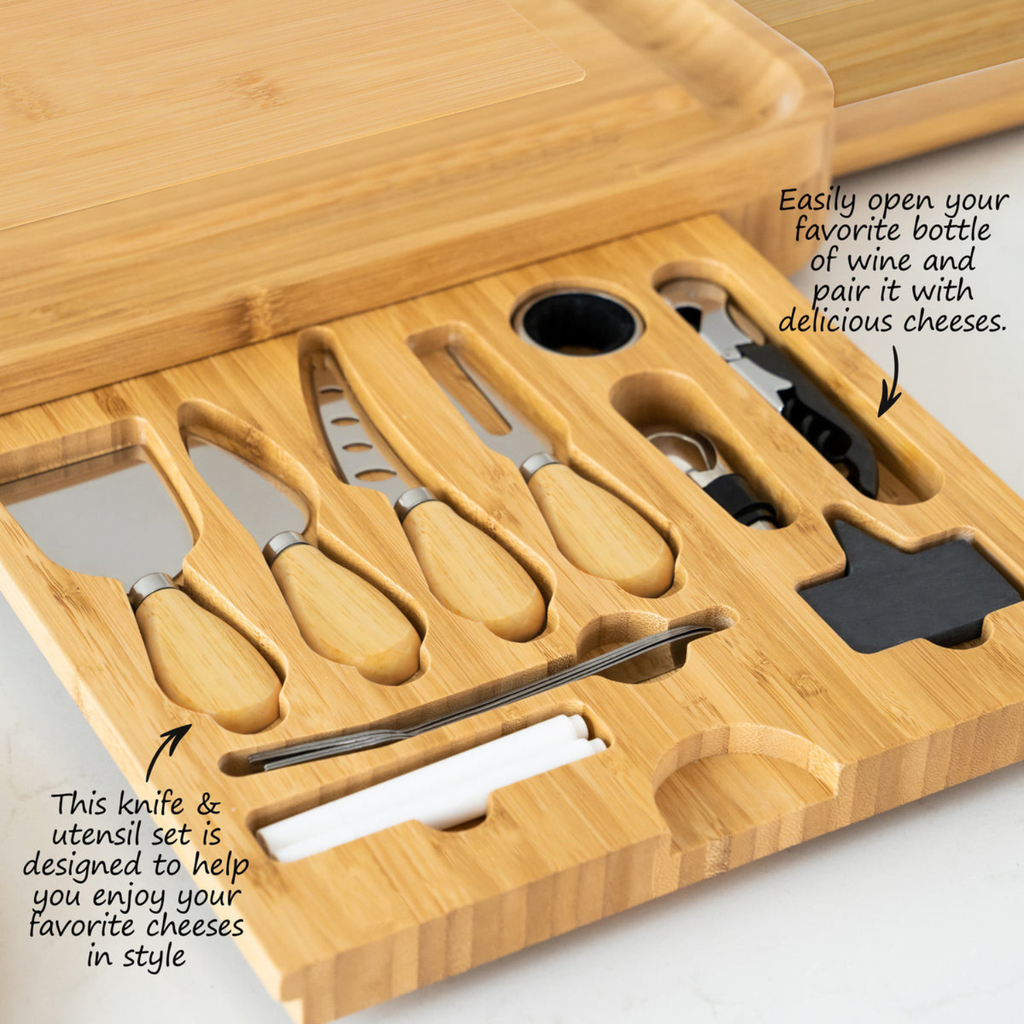 Luxury Bamboo Charcuterie Board Set with Hidden Drawers, Cheese Knives & Ceramic Bowls – Expandable Cheese Board Gift Set for Entertaining