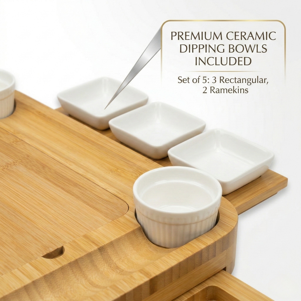 Luxury Bamboo Charcuterie Board Set with Hidden Drawers, Cheese Knives & Ceramic Bowls – Expandable Cheese Board Gift Set for Entertaining