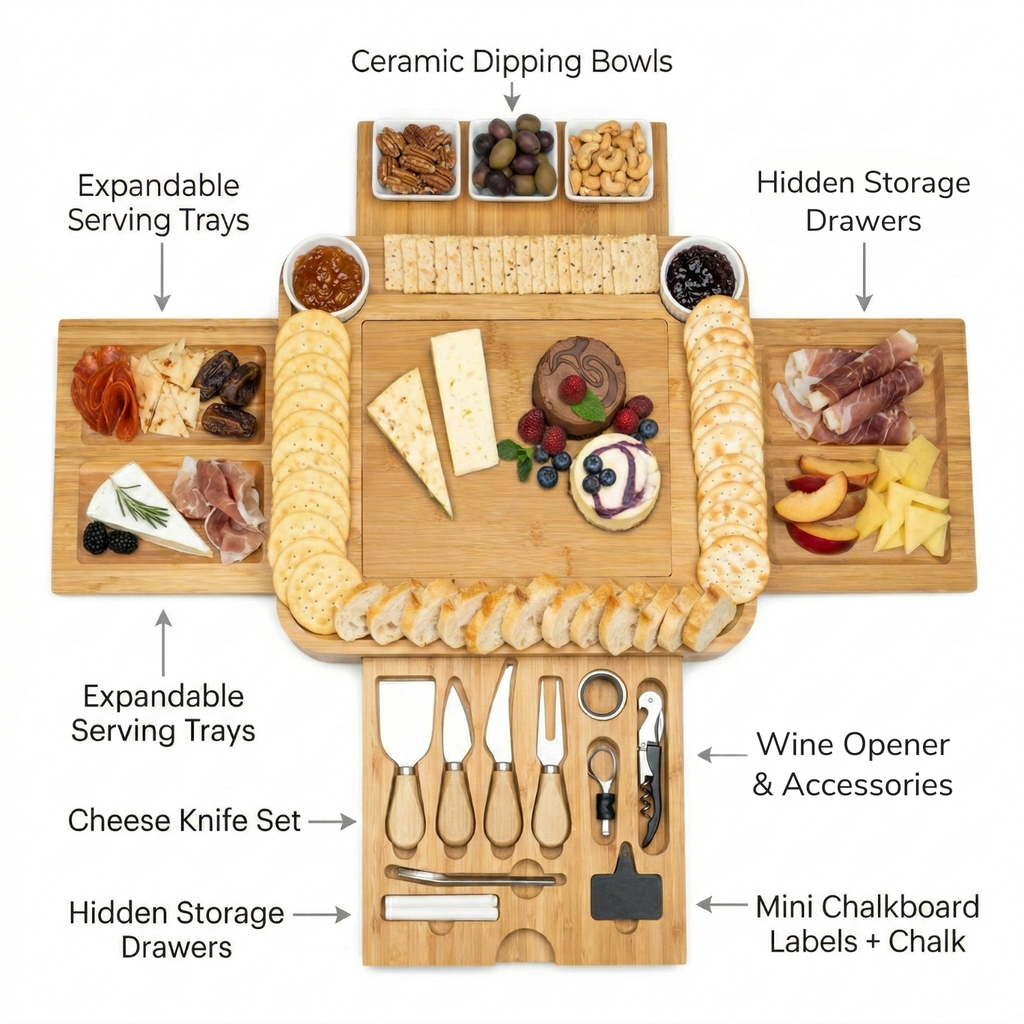 Luxury Bamboo Charcuterie Board Set with Hidden Drawers, Cheese Knives & Ceramic Bowls – Expandable Cheese Board Gift Set for Entertaining