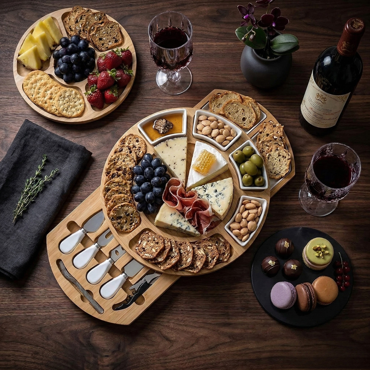 Luxury Bamboo Charcuterie Board with Marble Center, Ceramic Bowls & Hidden Drawers – Premium Cheese Board Set