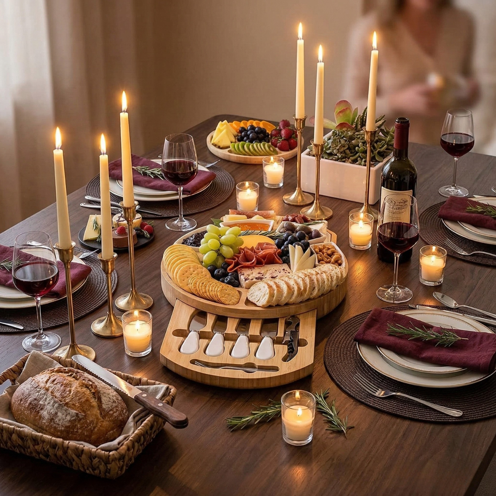 Luxury Bamboo Charcuterie Board with Marble Center, Ceramic Bowls & Hidden Drawers – Premium Cheese Board Set