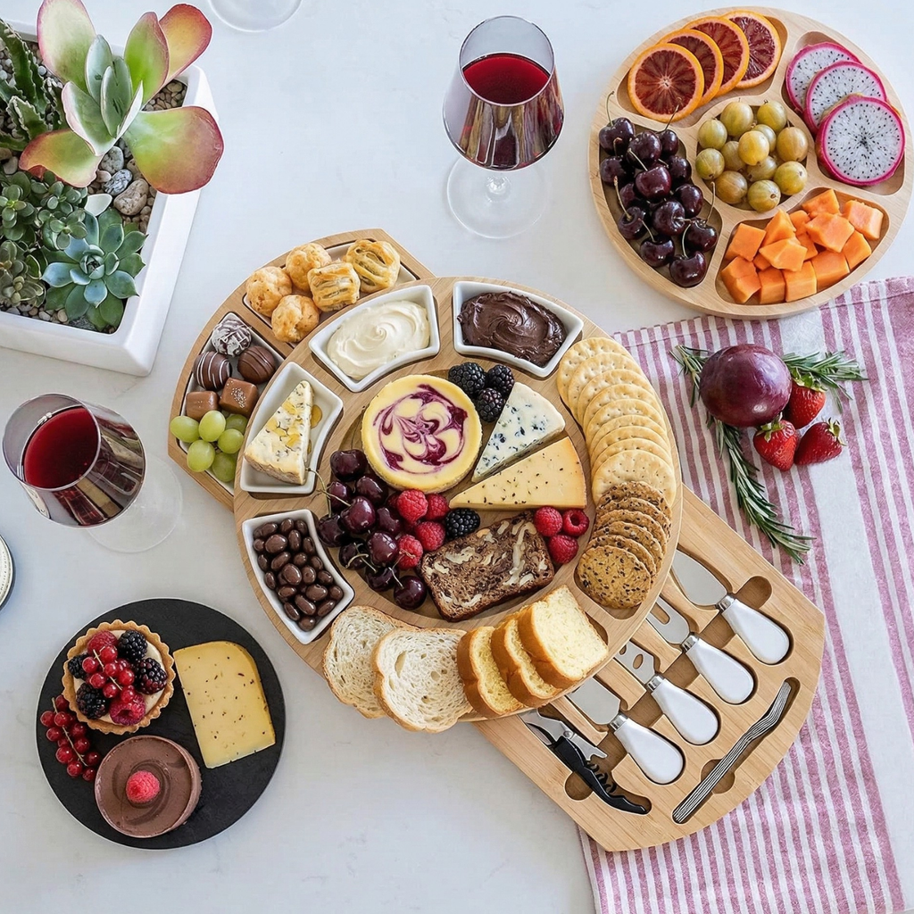Luxury Bamboo Charcuterie Board with Marble Center, Ceramic Bowls & Hidden Drawers – Premium Cheese Board Set