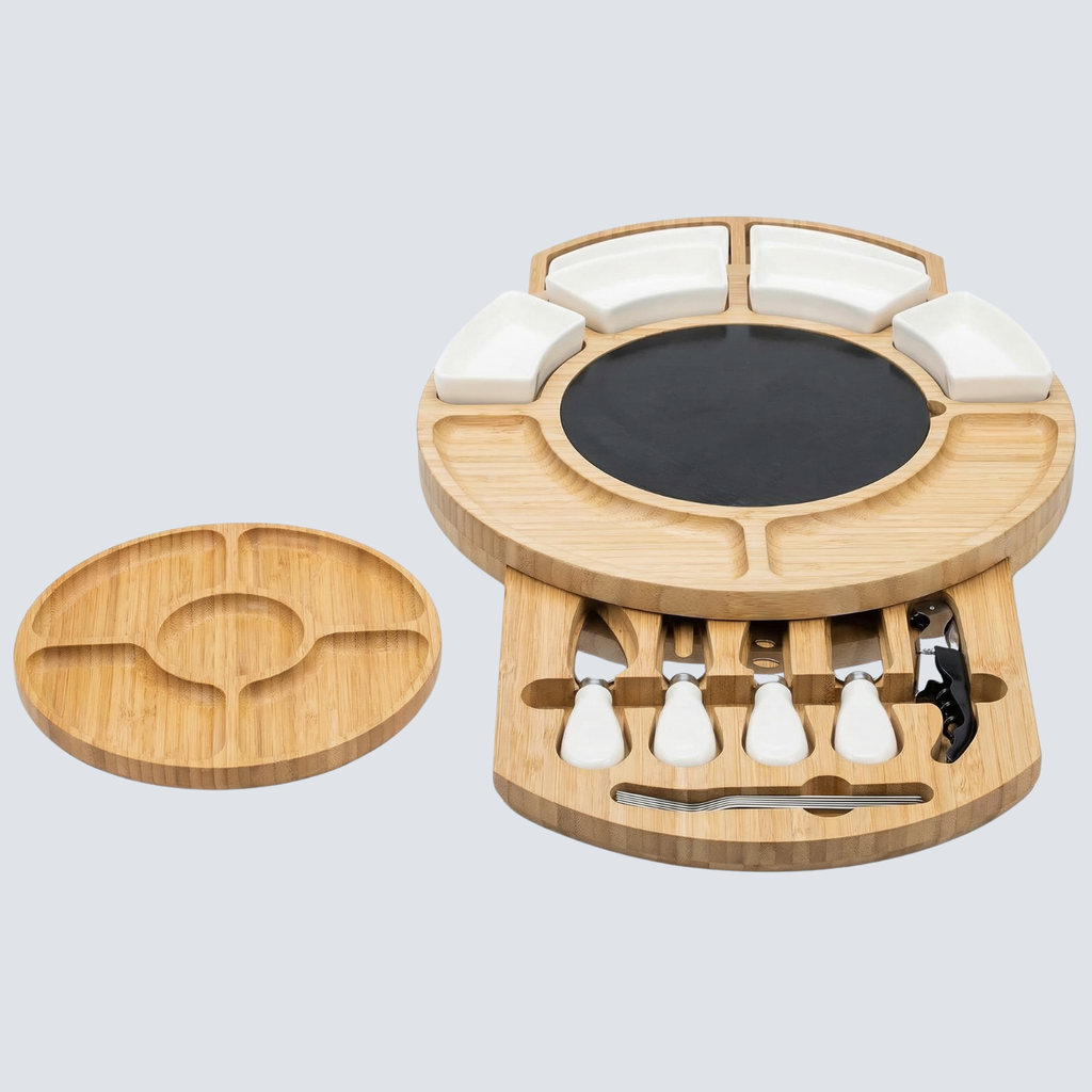 Luxury Bamboo Charcuterie Board with Marble Center, Ceramic Bowls & Hidden Drawers – Premium Cheese Board Set