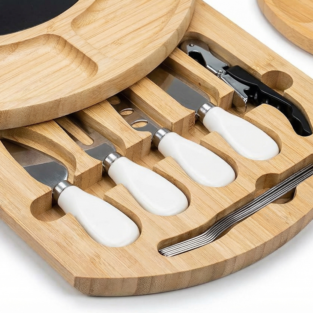 Luxury Bamboo Charcuterie Board with Marble Center, Ceramic Bowls & Hidden Drawers – Premium Cheese Board Set