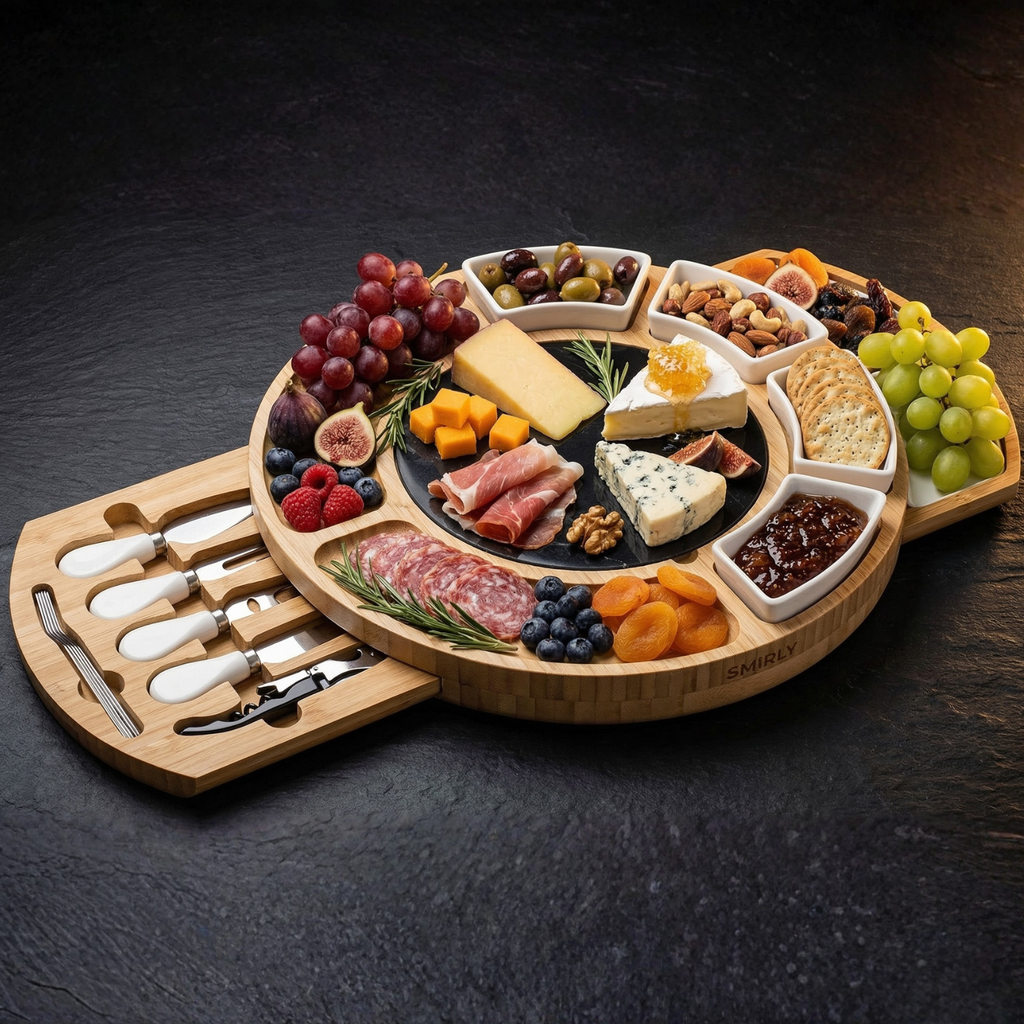 Luxury Bamboo Charcuterie Board with Marble Center, Ceramic Bowls & Hidden Drawers – Premium Cheese Board Set