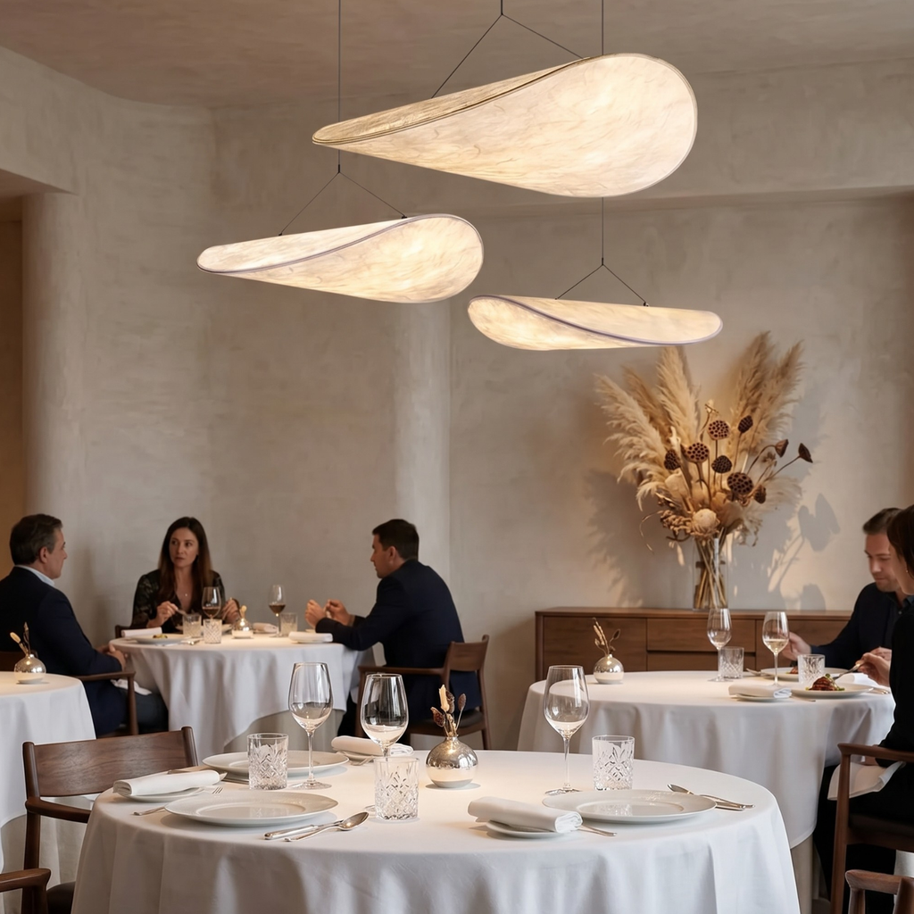 Multi-piece floating leaf silk pendant chandelier with three shades; 40–60 cm