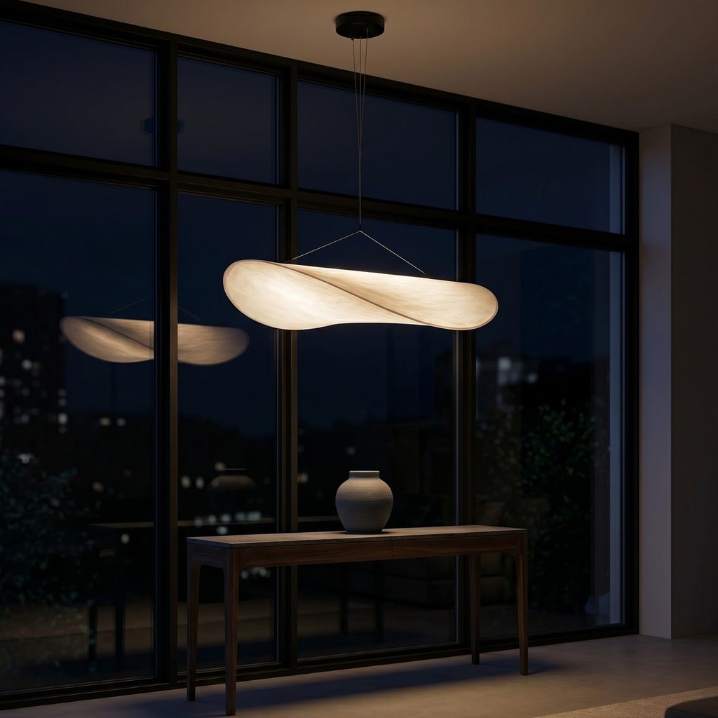 Leaf-shaped silk pendant chandelier with long oval shade; 40–60 cm diameter