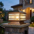 Luxury Solar Copper Pillar Light with Glass Panels, IP65 Waterproof Outdoor Gate & Garden Lamp