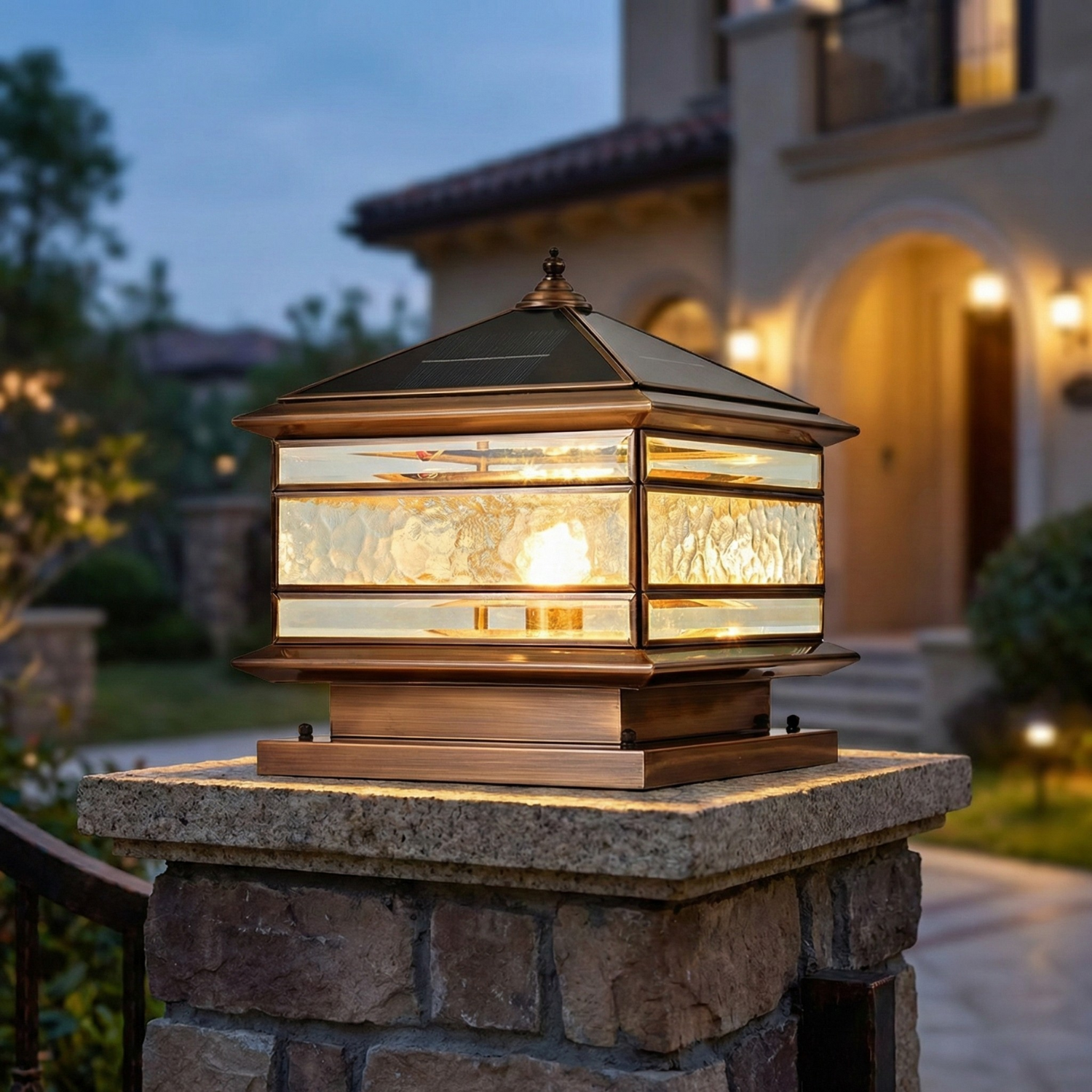 Luxury Solar Copper Pillar Light with Glass Panels, IP65 Waterproof Outdoor Gate & Garden Lamp