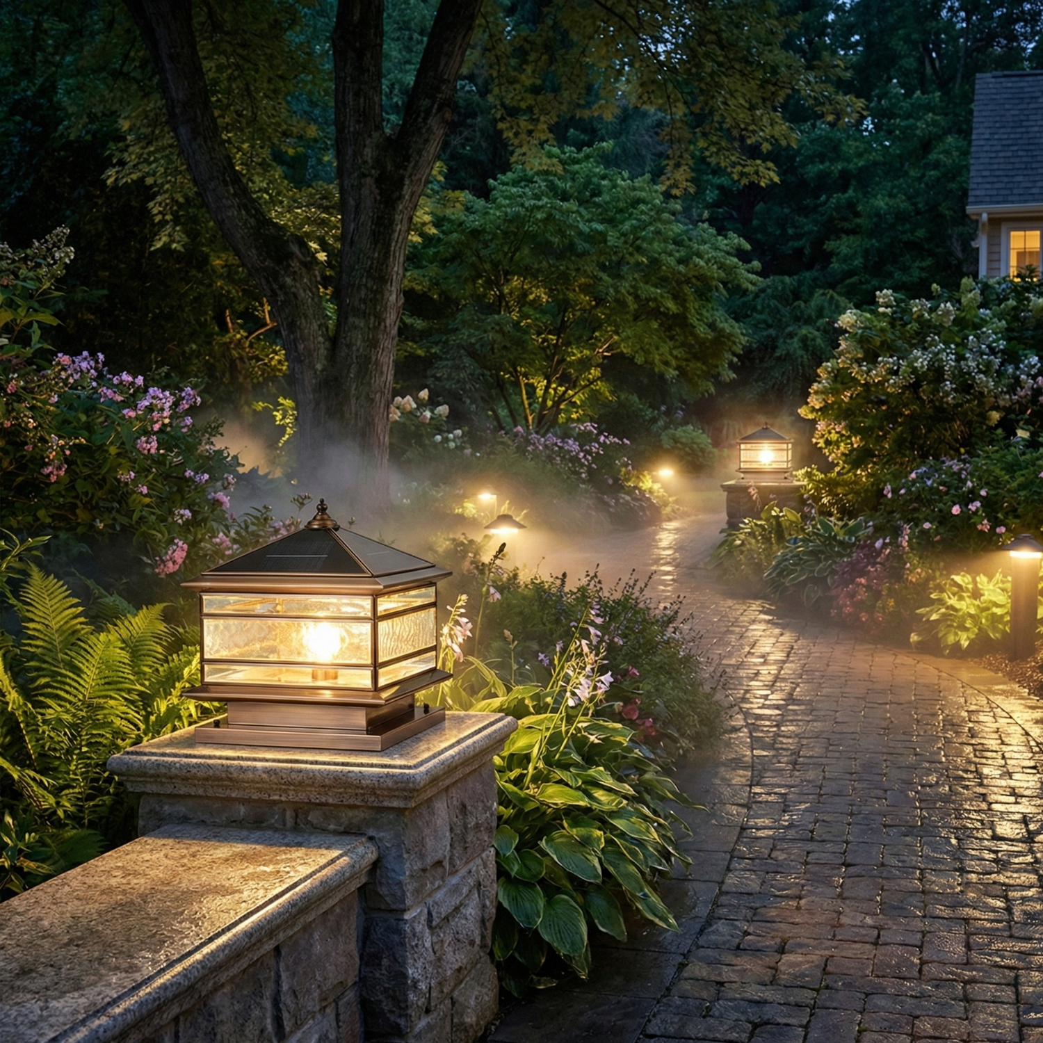 Luxury Solar Copper Pillar Light with Glass Panels, IP65 Waterproof Outdoor Gate & Garden Lamp