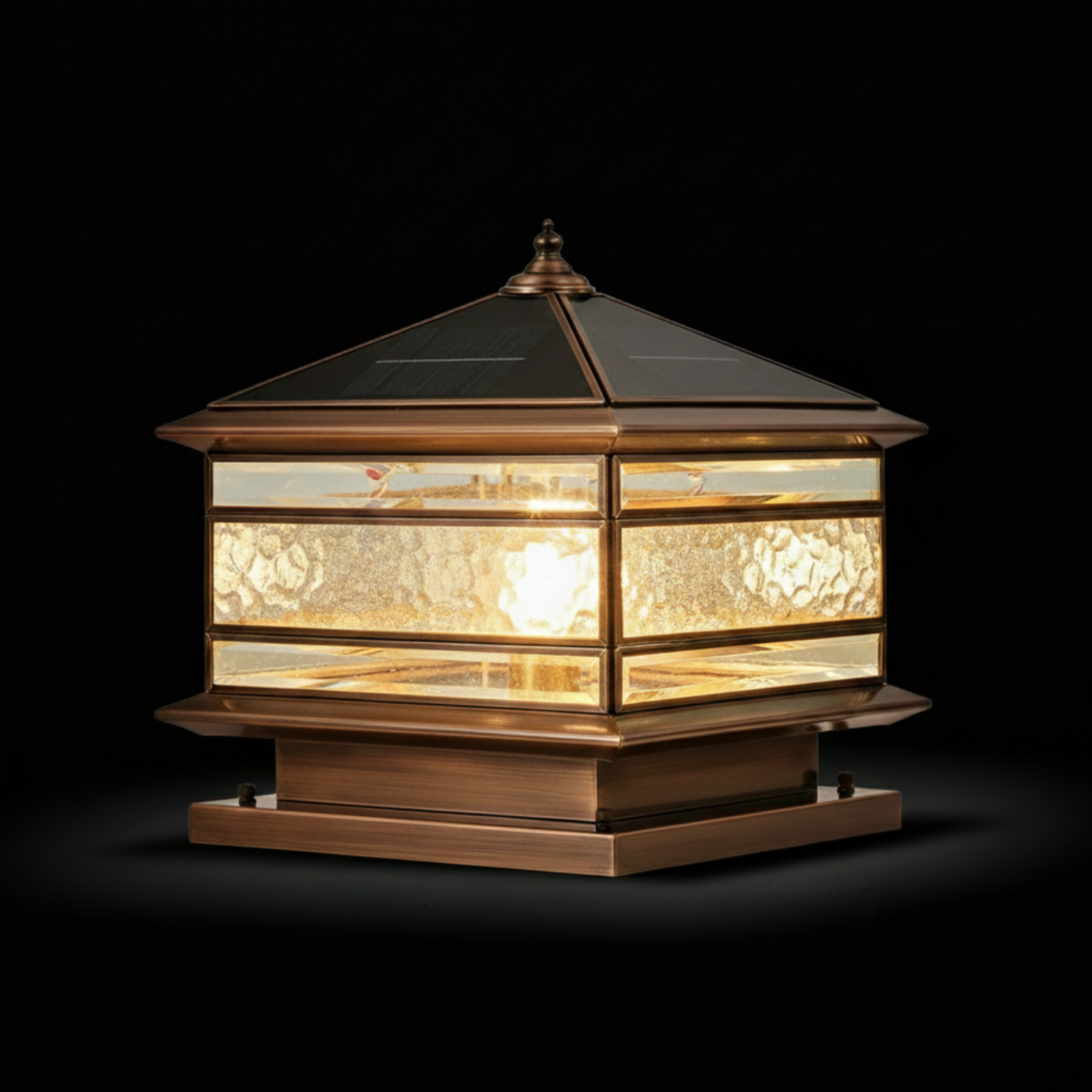 Luxury Solar Copper Pillar Light with Glass Panels, IP65 Waterproof Outdoor Gate & Garden Lamp