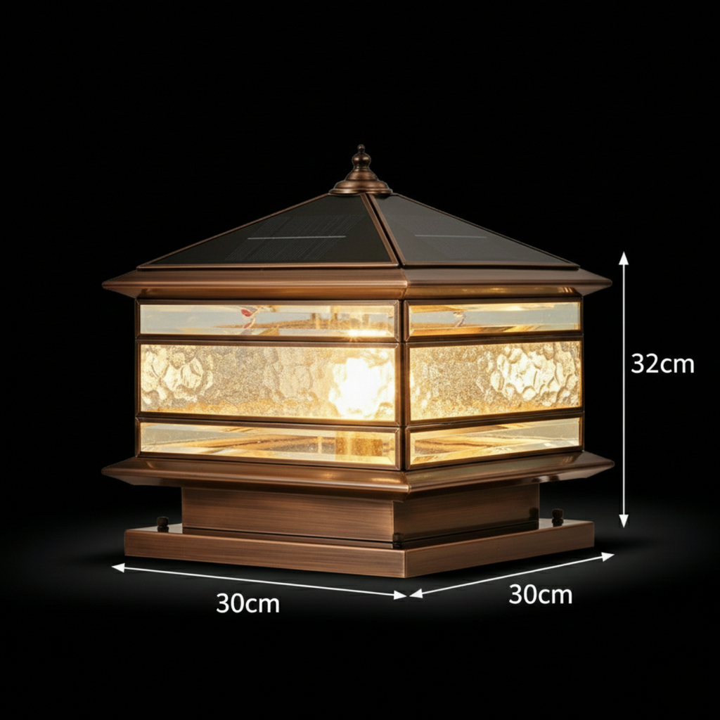 Luxury Solar Copper Pillar Light with Glass Panels, IP65 Waterproof Outdoor Gate & Garden Lamp