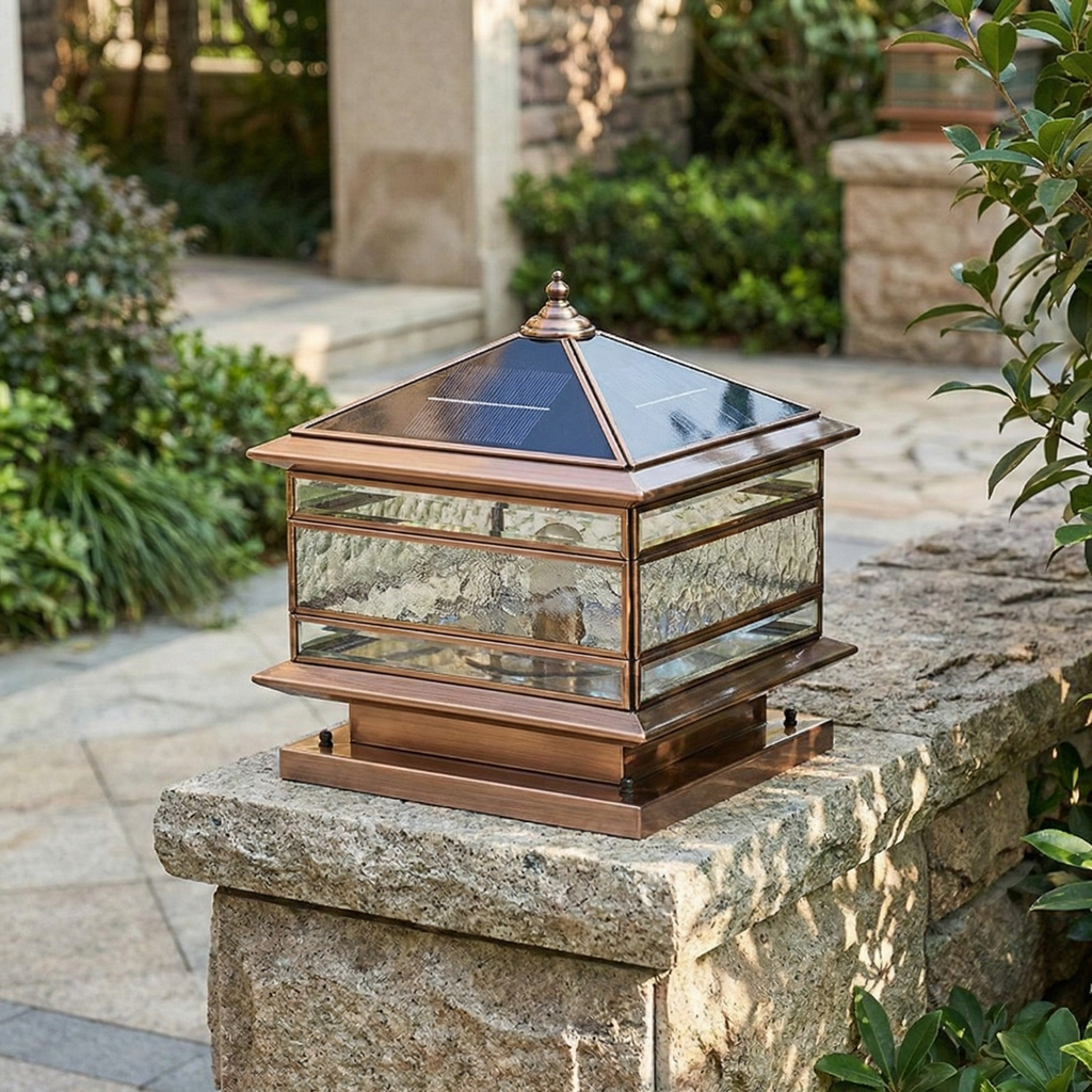 Luxury Solar Copper Pillar Light with Glass Panels, IP65 Waterproof Outdoor Gate & Garden Lamp