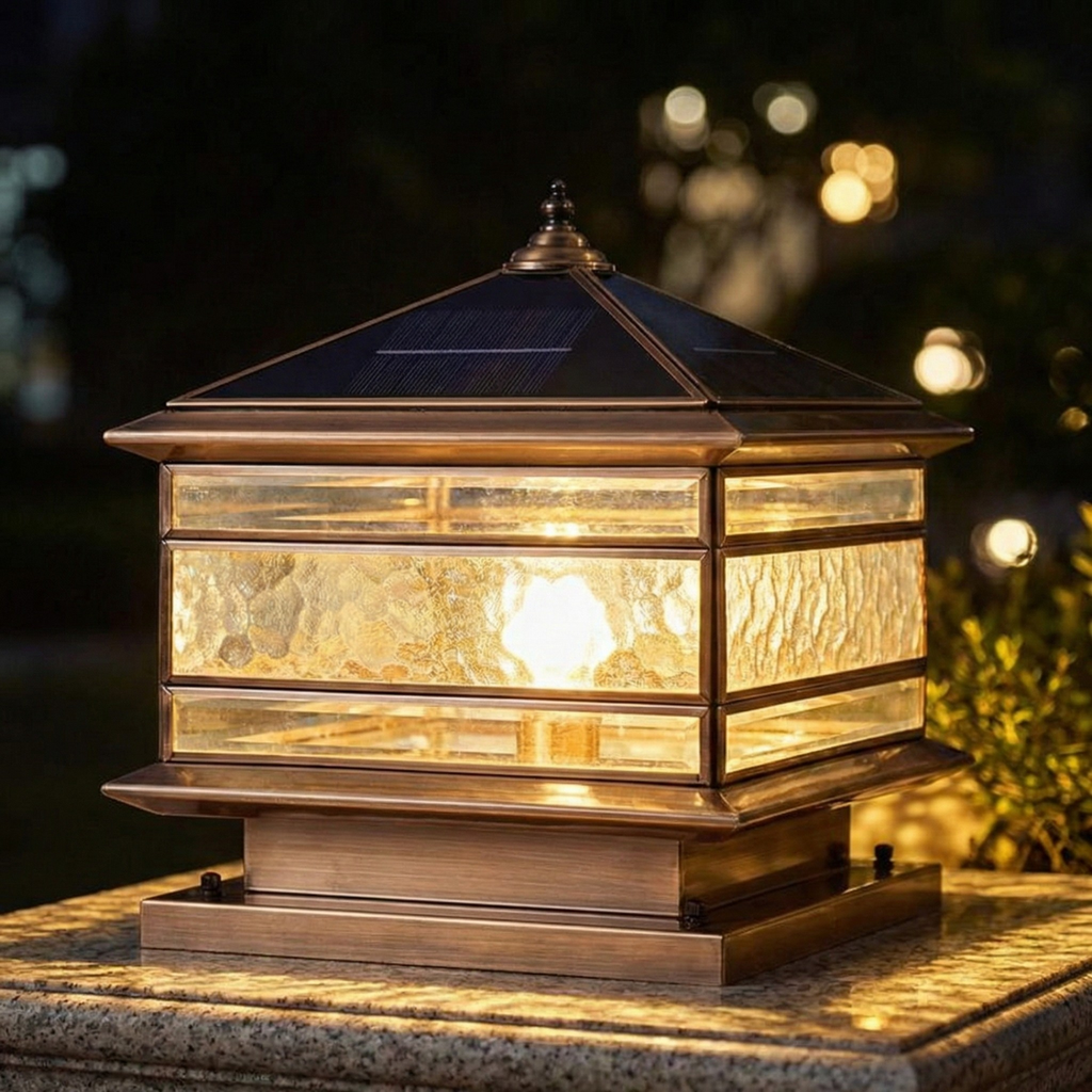 Luxury Solar Copper Pillar Light with Glass Panels, IP65 Waterproof Outdoor Gate & Garden Lamp