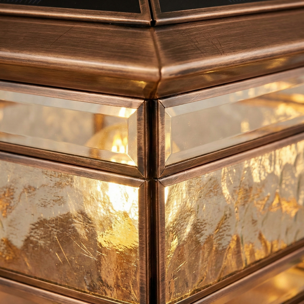 Luxury Solar Copper Pillar Light with Glass Panels, IP65 Waterproof Outdoor Gate & Garden Lamp