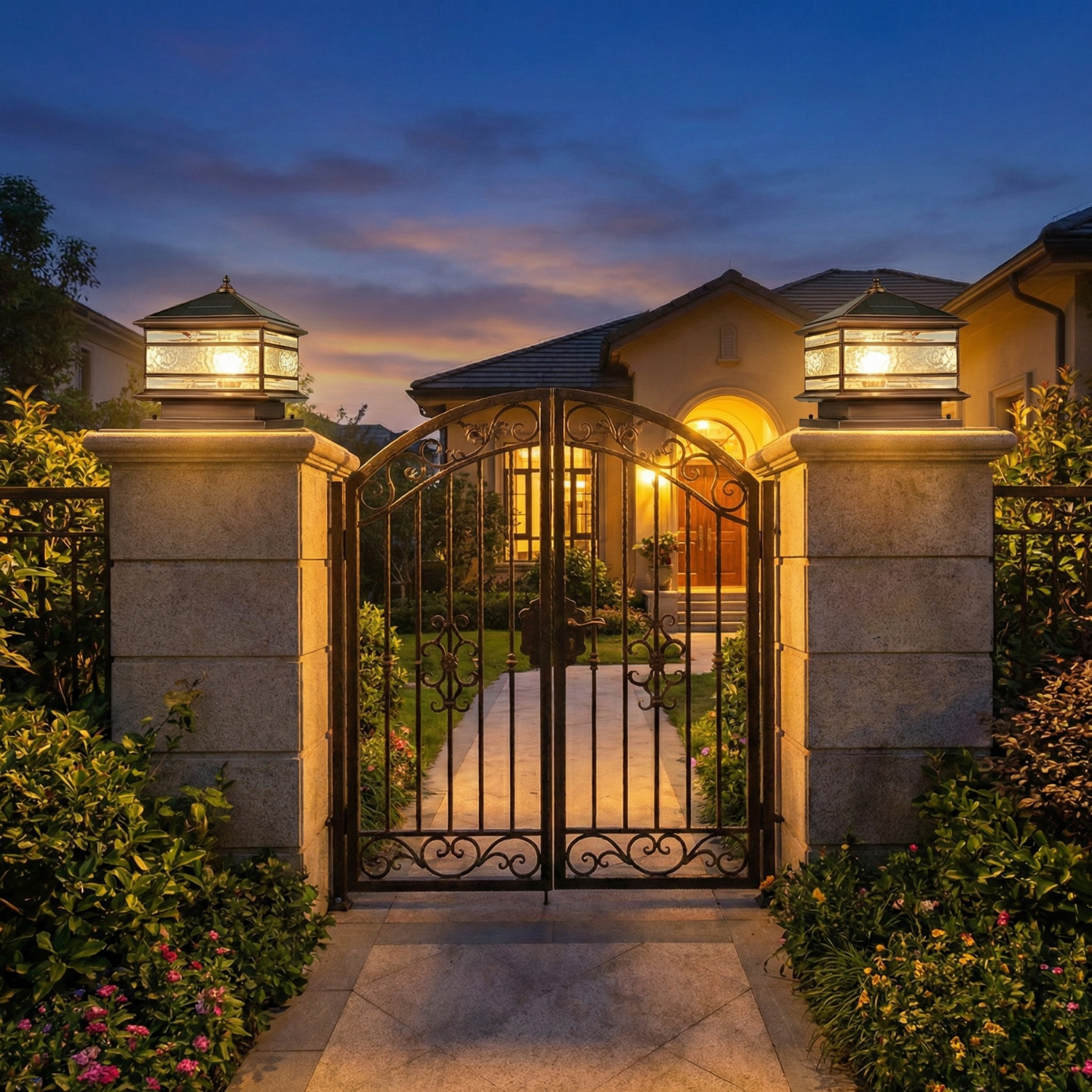 Luxury Solar Copper Pillar Light with Glass Panels, IP65 Waterproof Outdoor Gate & Garden Lamp