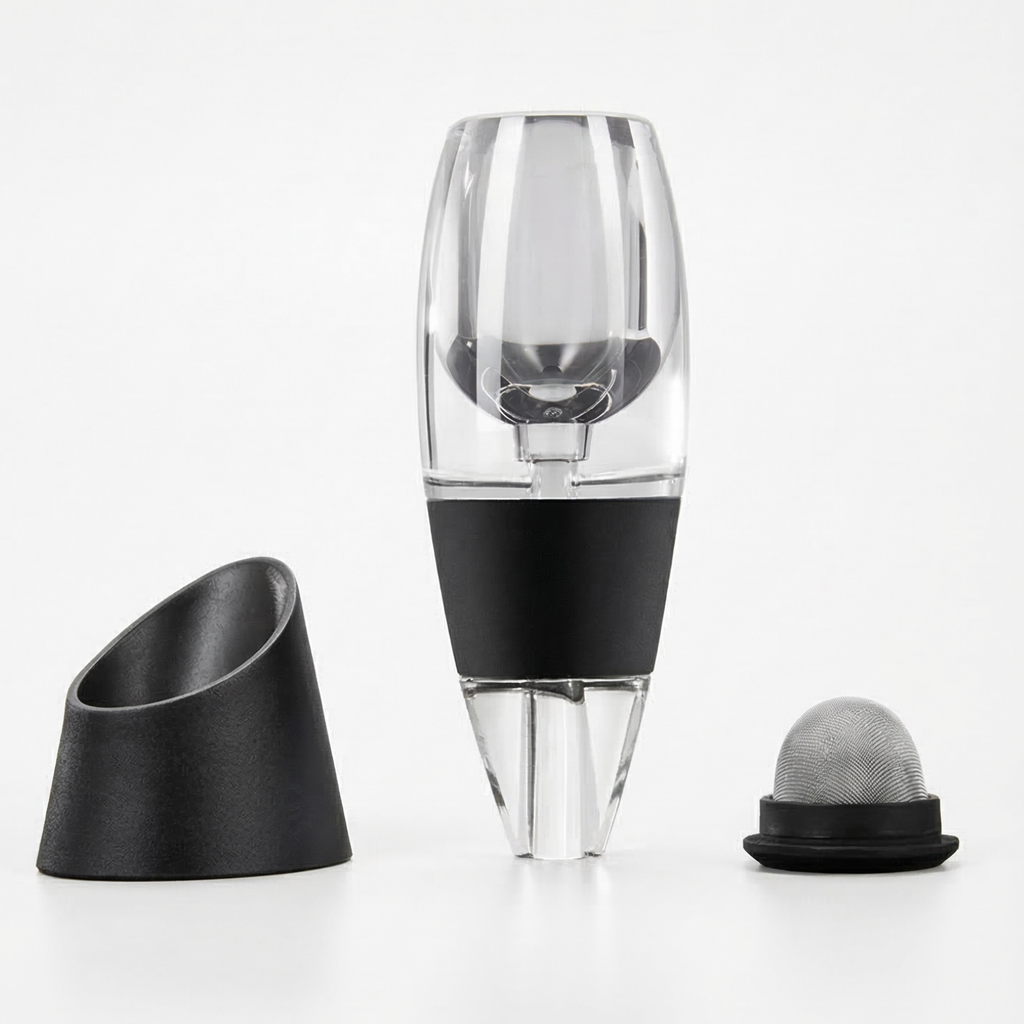 Wine aerator pourer stand set: clear spout insert and mesh filter cap