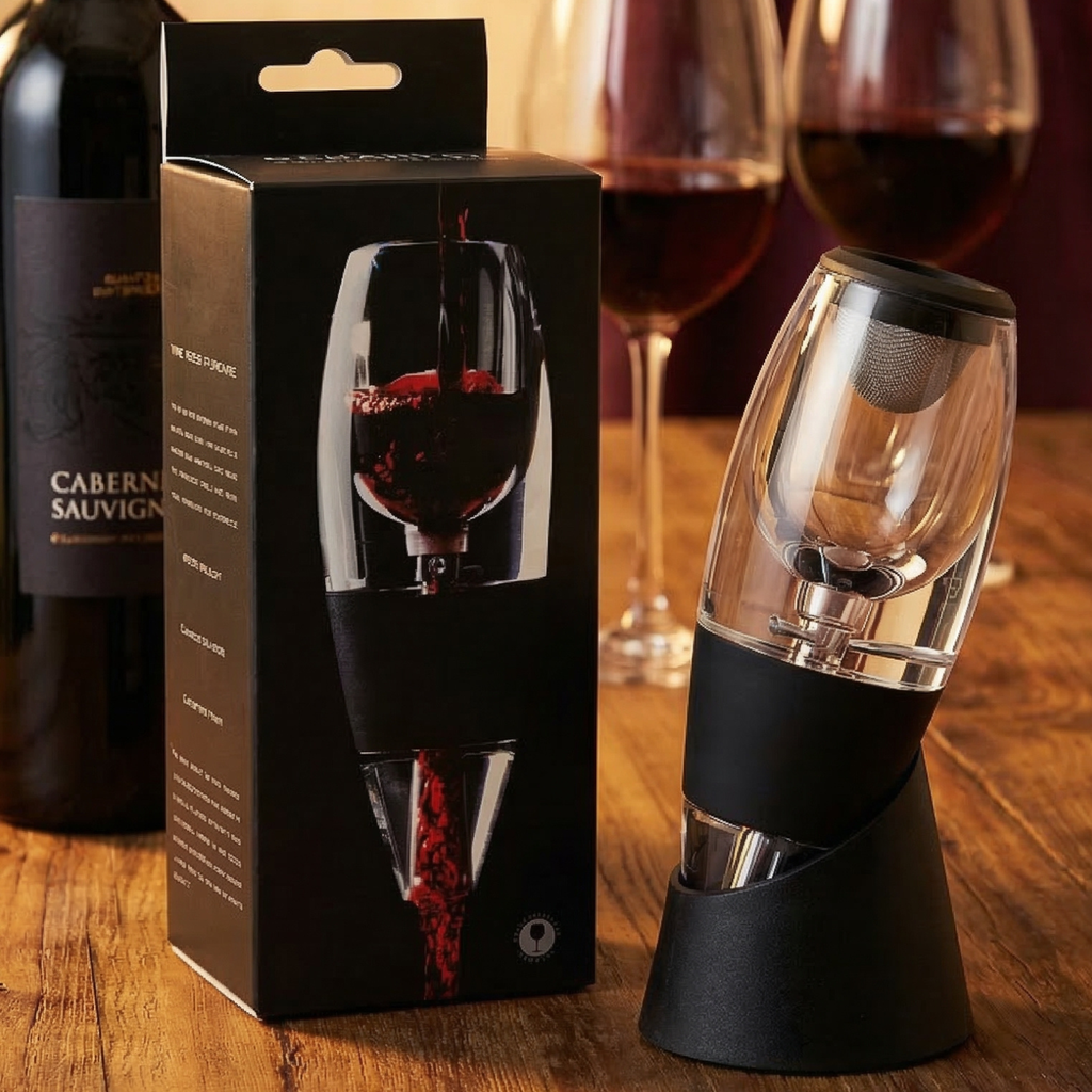 Wine aerator pourer on stand with box packaging and mesh filter spout