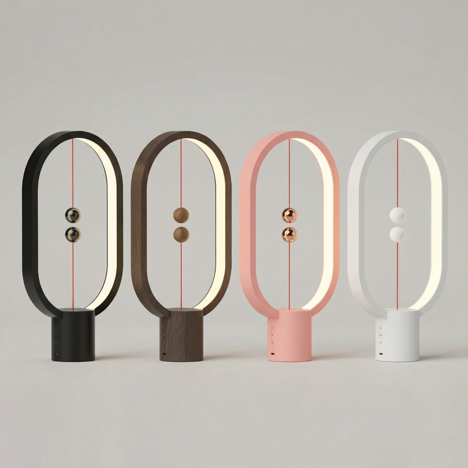 Four-color magnetic LED table lamp: black, dark walnut, pink, and white with switches