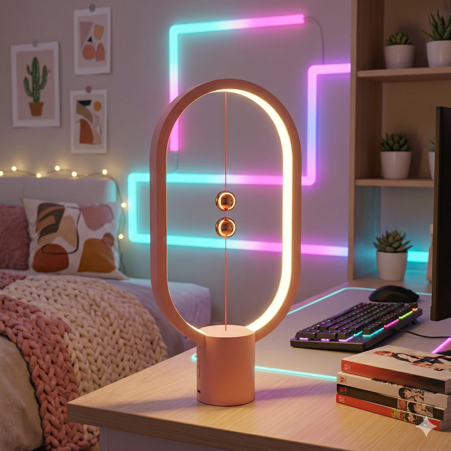 Magnetic Balance LED Table Lamp – Floating Switch Ambient Night Light, Modern Minimalist Desk Lamp (Black, White, Walnut, Pink