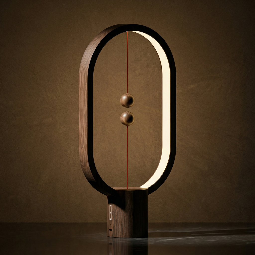 Dark walnut oval LED table lamp with floating magnetic switch, warm light
