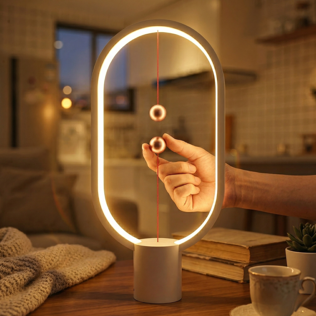 Wood-toned oval LED table lamp with floating magnetic switch, warm illuminated ring