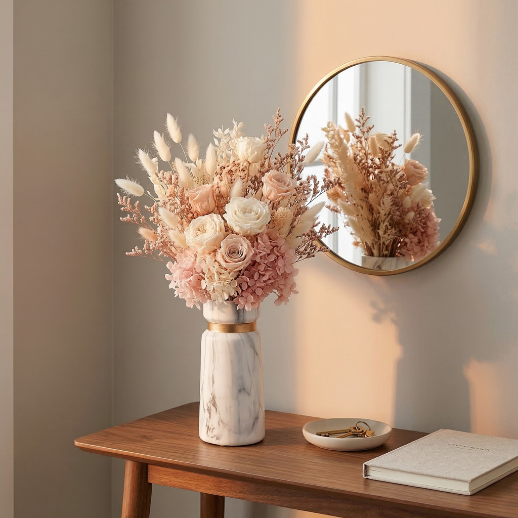 Marble ceramic vase with gold band accent and white marble print, holding beige dried florals