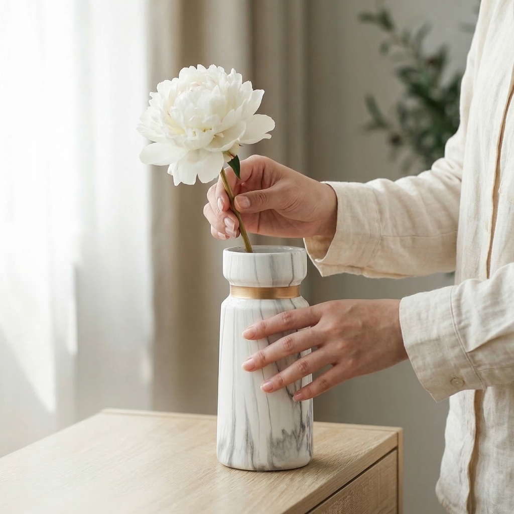 Marble ceramic vase with gold band accent, white marble print, being filled with a white flower