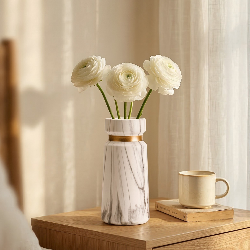 Marble ceramic vase with gold band accent, white marble print, filled with white blooms