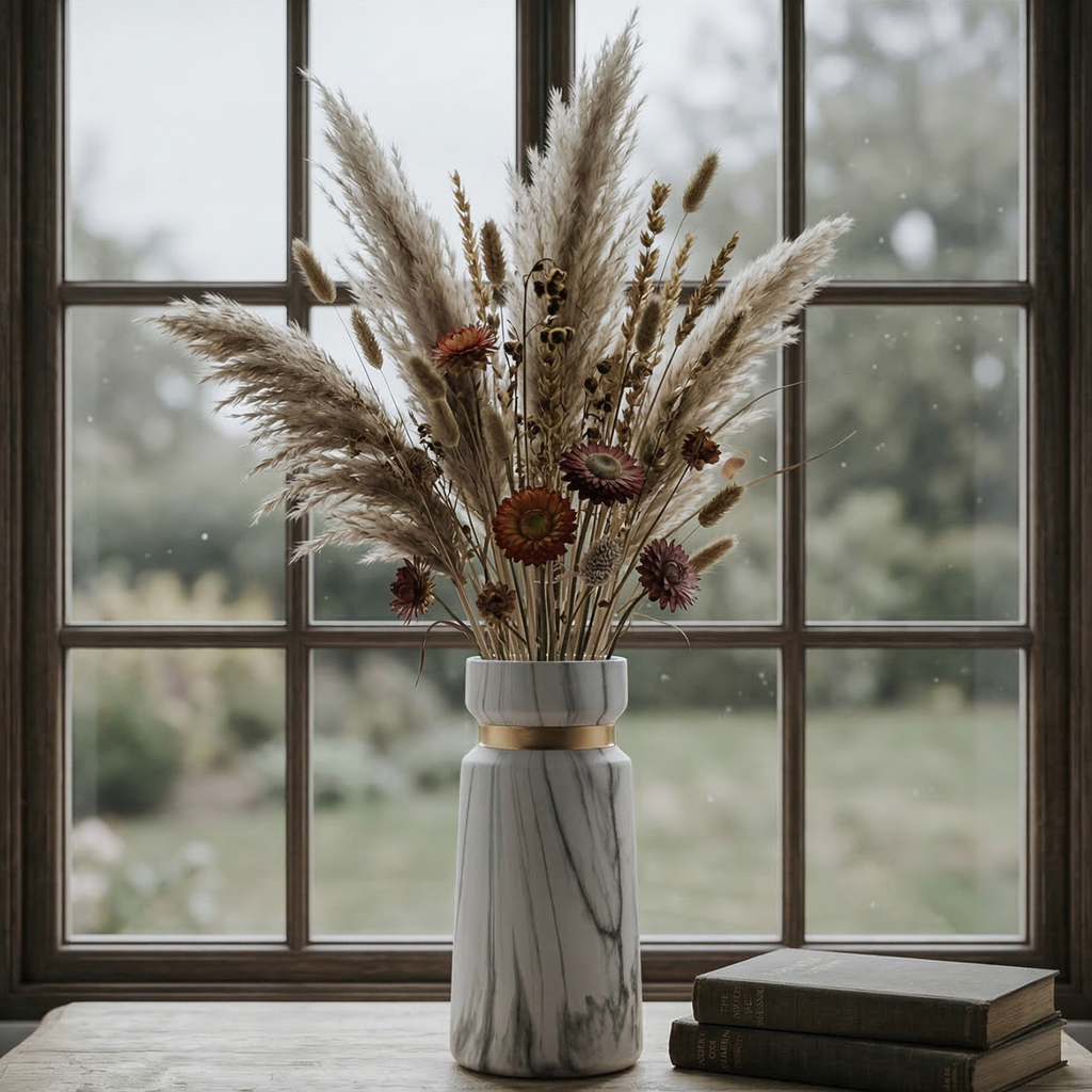 Marble ceramic vase with gold band accent and white/gray marble print, holding dried stems