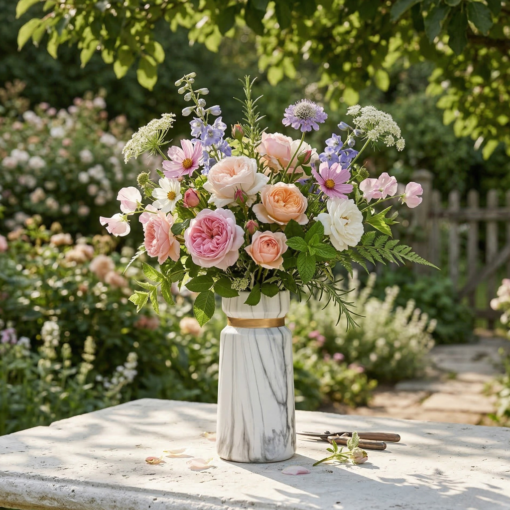 Marble ceramic vase with gold band accent, white marble print, filled with pastel roses