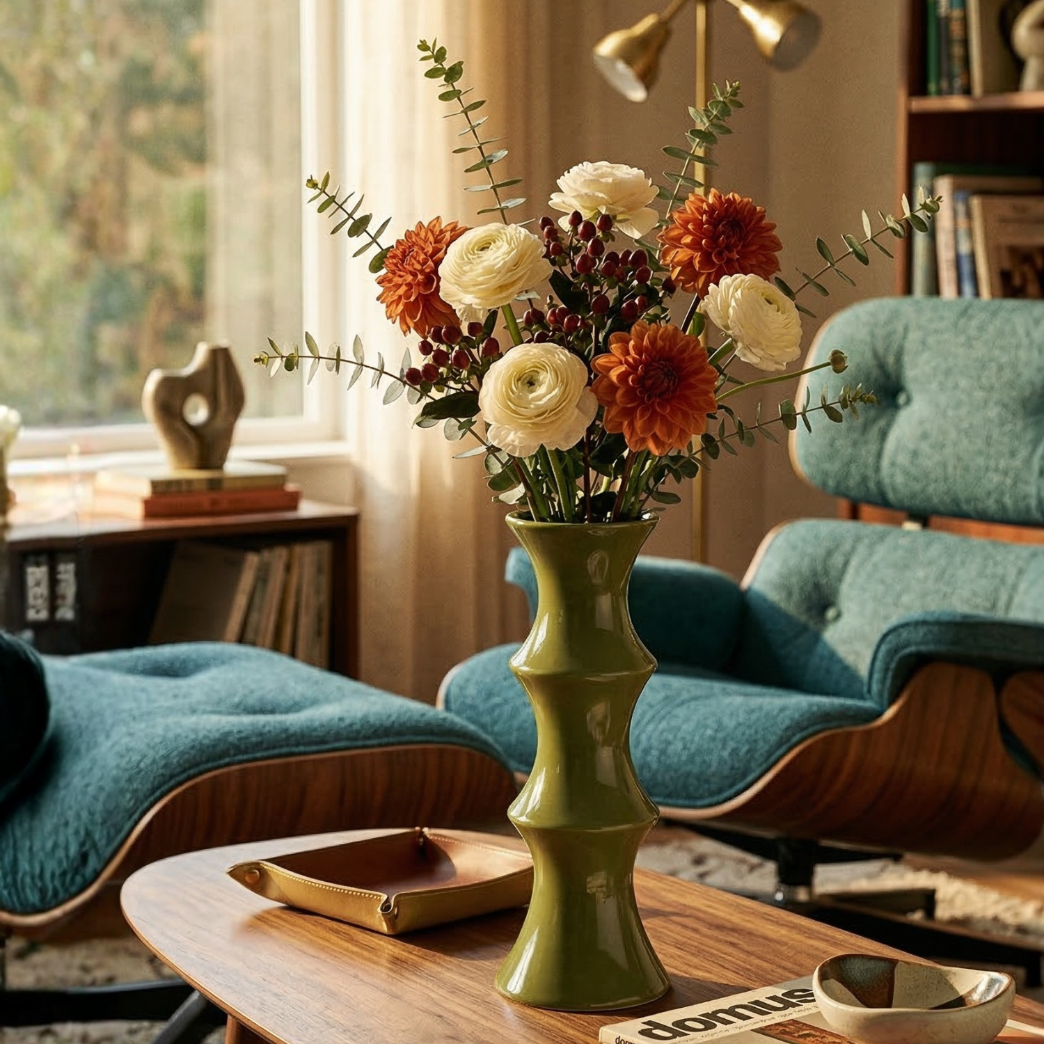 Green vase with flowers on a wooden table in a cozy living room.
