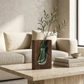 Green glass vase with wood block base, minimalist Nordic style