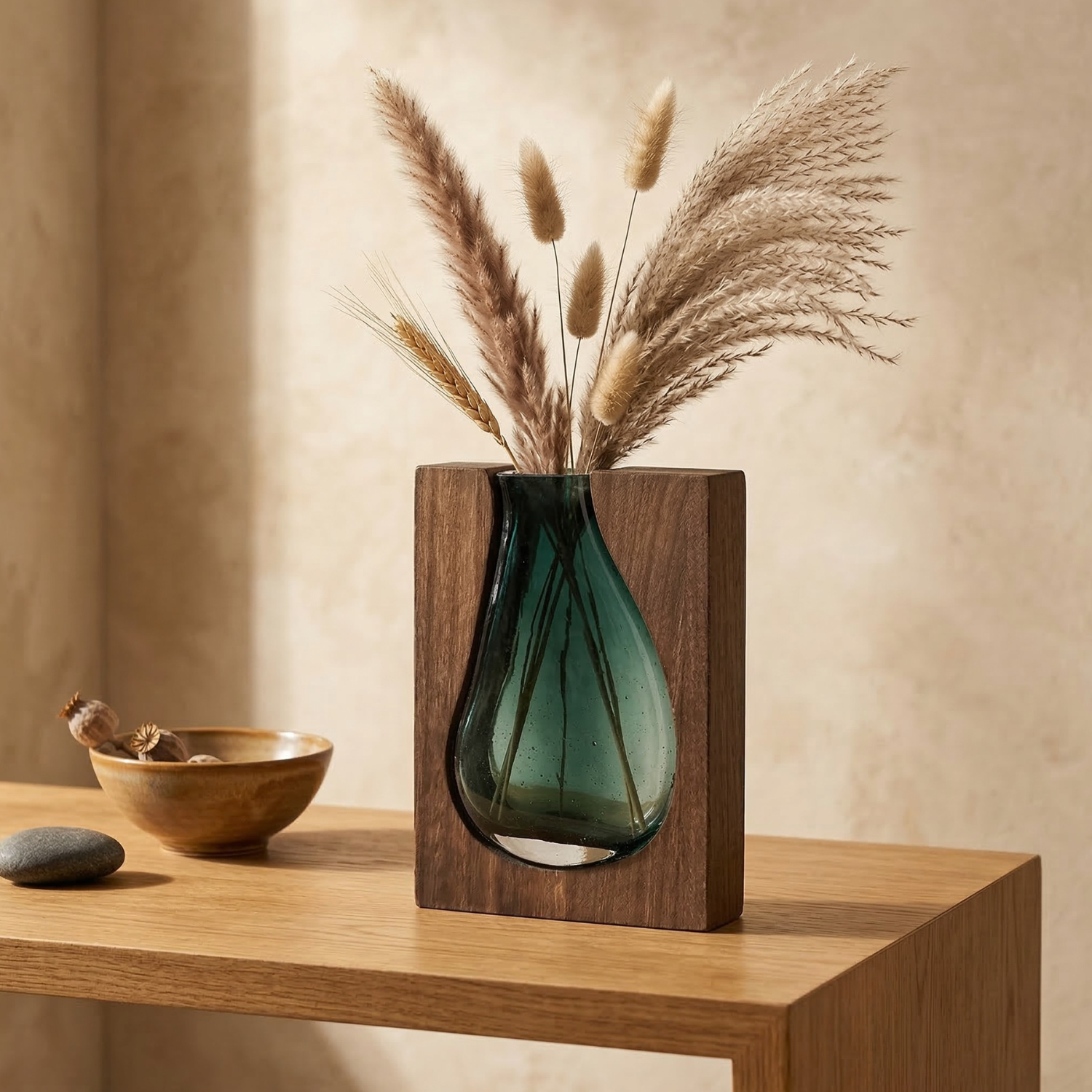 Minimalist Glass Vase with Wood Base – Contemporary Nordic Design Home Decor (Multiple Designs)