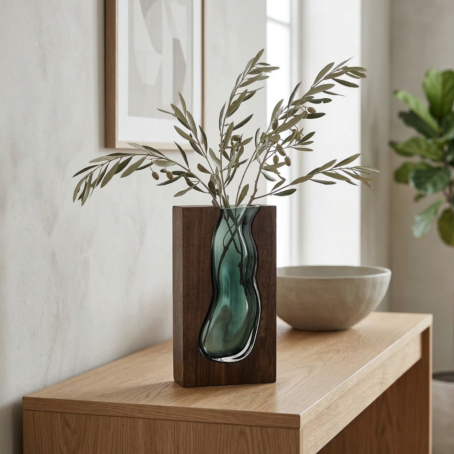 Minimalist Glass Vase with Wood Base – Contemporary Nordic Design Home Decor (Multiple Designs)
