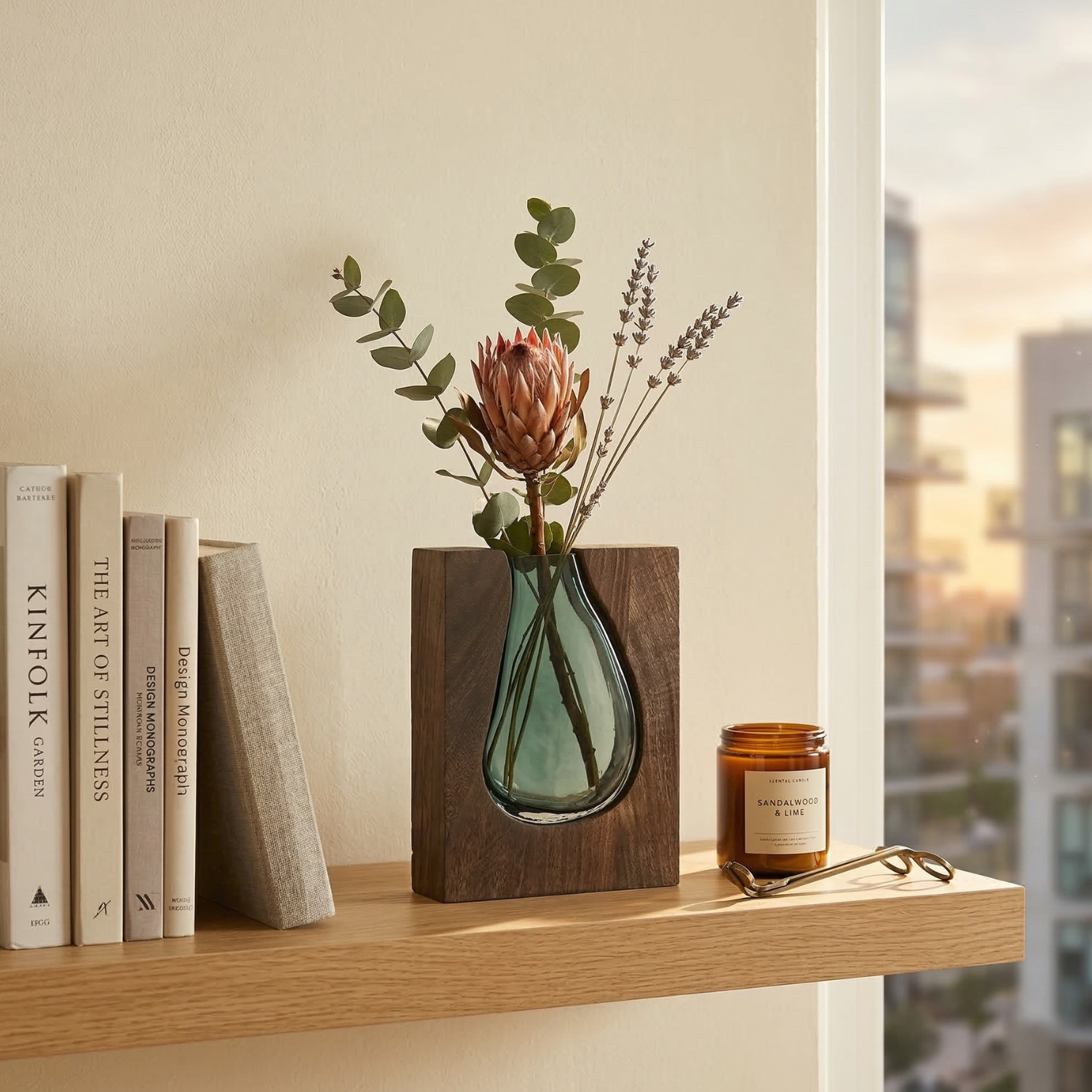 Minimalist Glass Vase with Wood Base – Contemporary Nordic Design Home Decor (Multiple Designs)