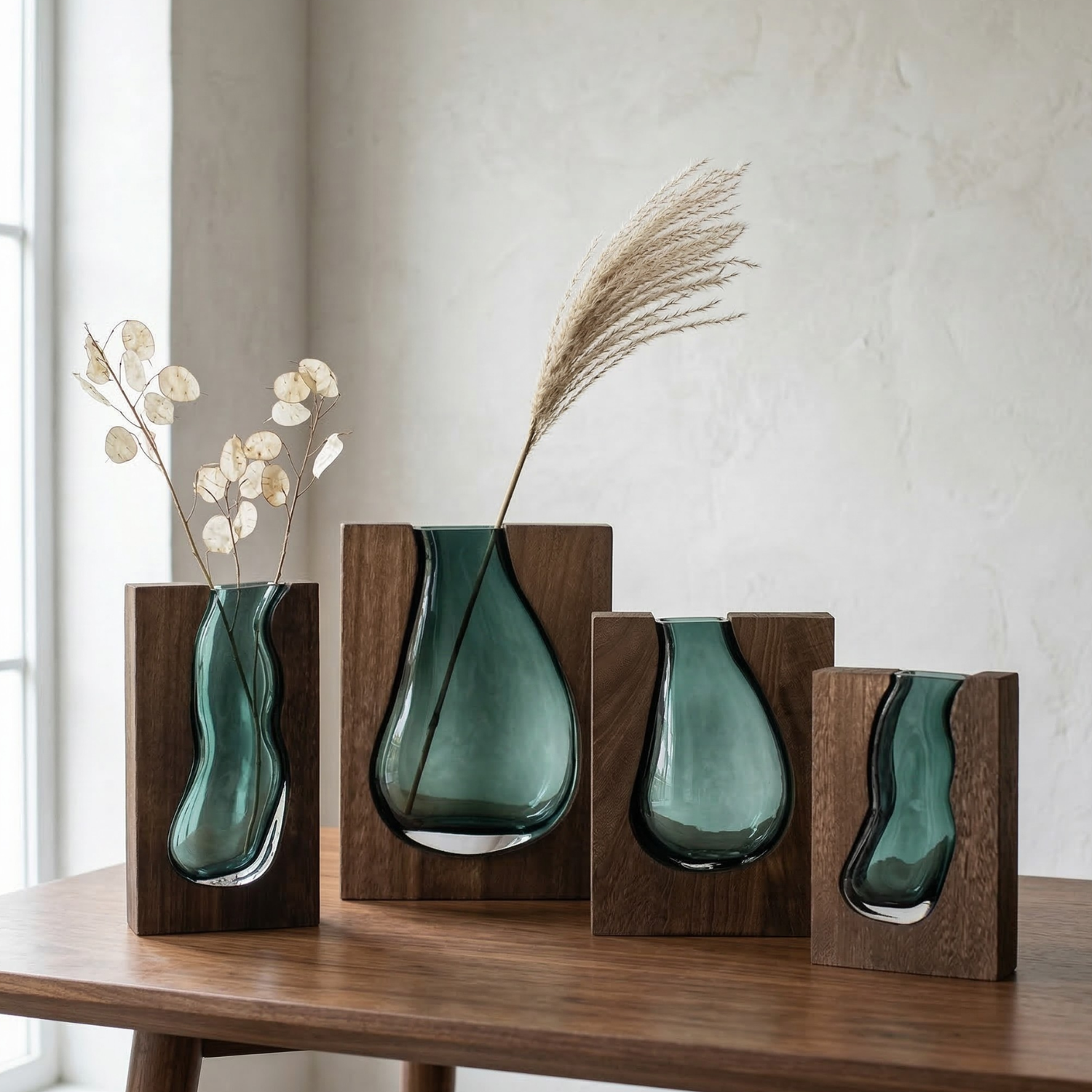Minimalist Glass Vase with Wood Base – Contemporary Nordic Design Home Decor (Multiple Designs)