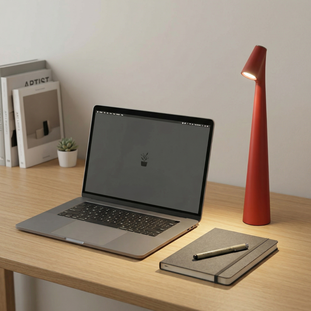 Aluminum rechargeable LED table lamp, red finish beside laptop and notebook