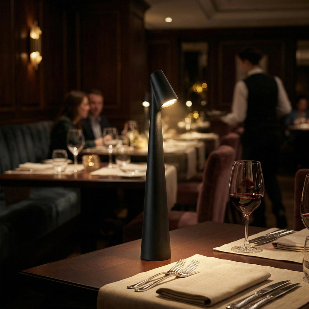 Aluminum rechargeable LED table lamp, black finish with warm glow on dining table