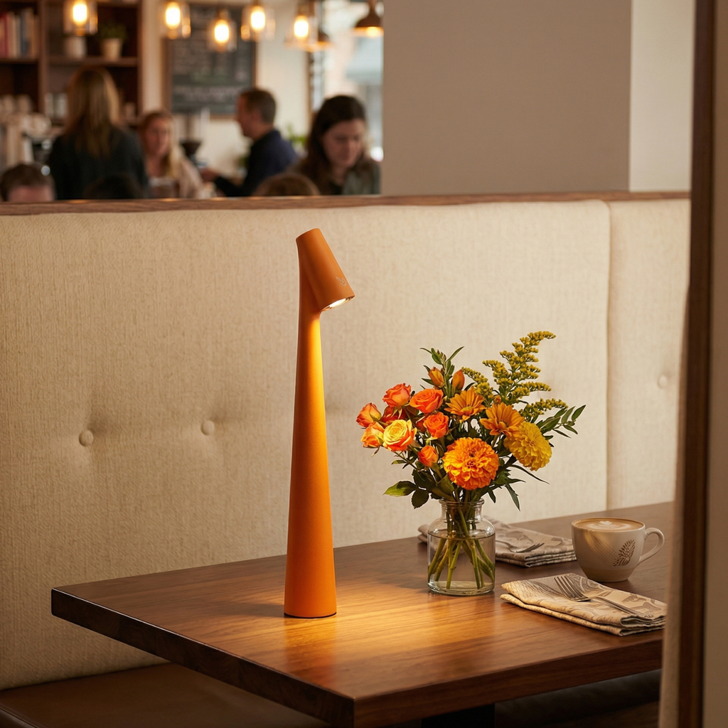 Aluminum rechargeable LED table lamp, orange finish on a wooden side table