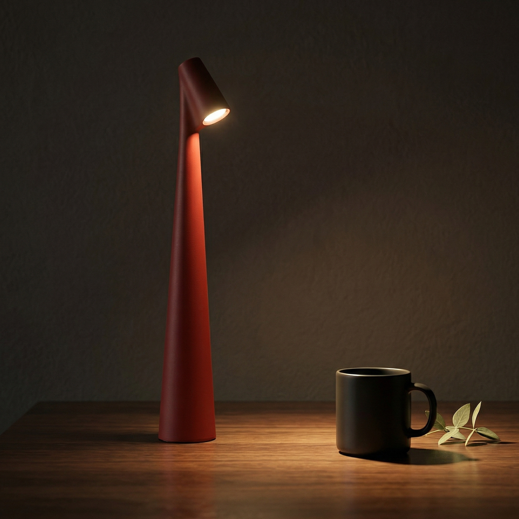 Aluminum rechargeable LED table lamp with warm glow, red finish