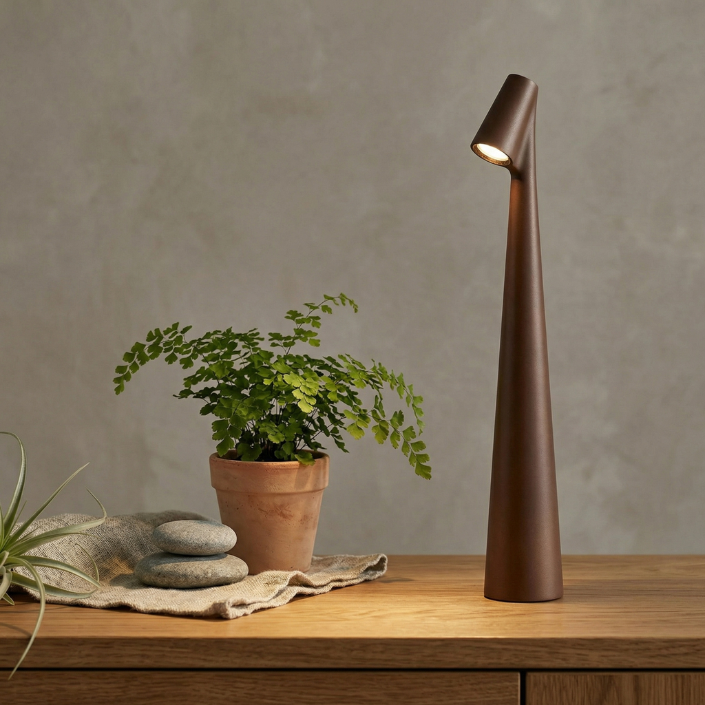 Aluminum rechargeable LED table lamp, brown finish with warm glow