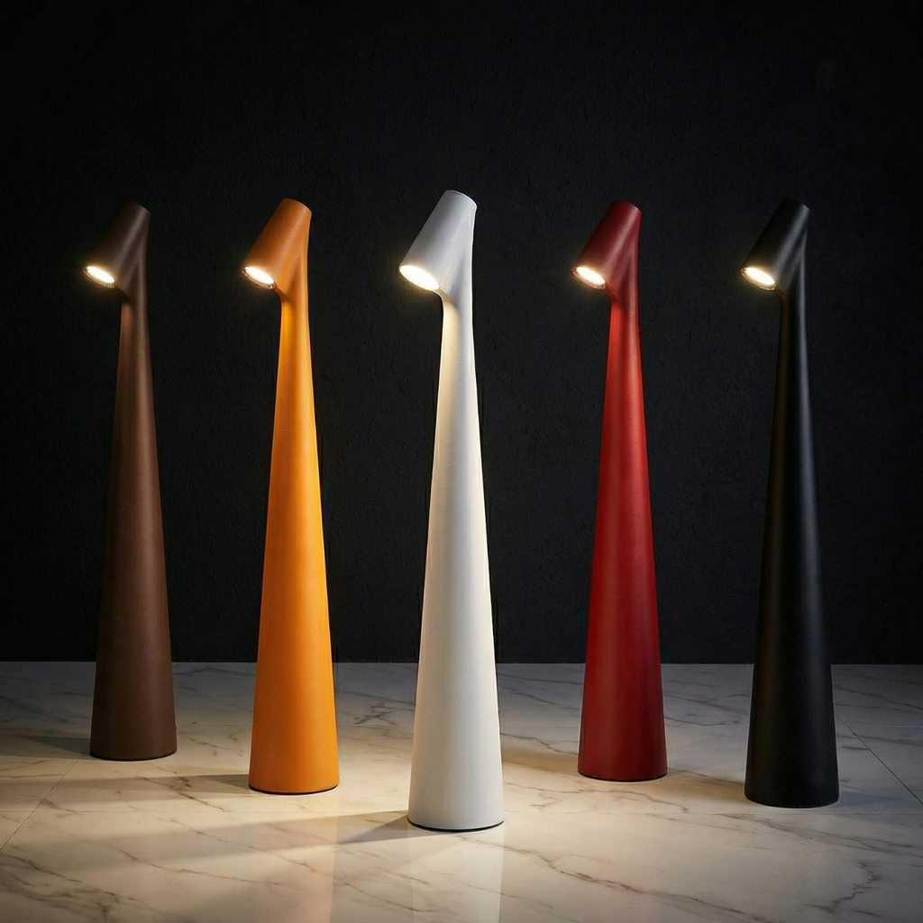 Minimalist aluminum rechargeable LED table lamp, warm light in white/red/black tones
