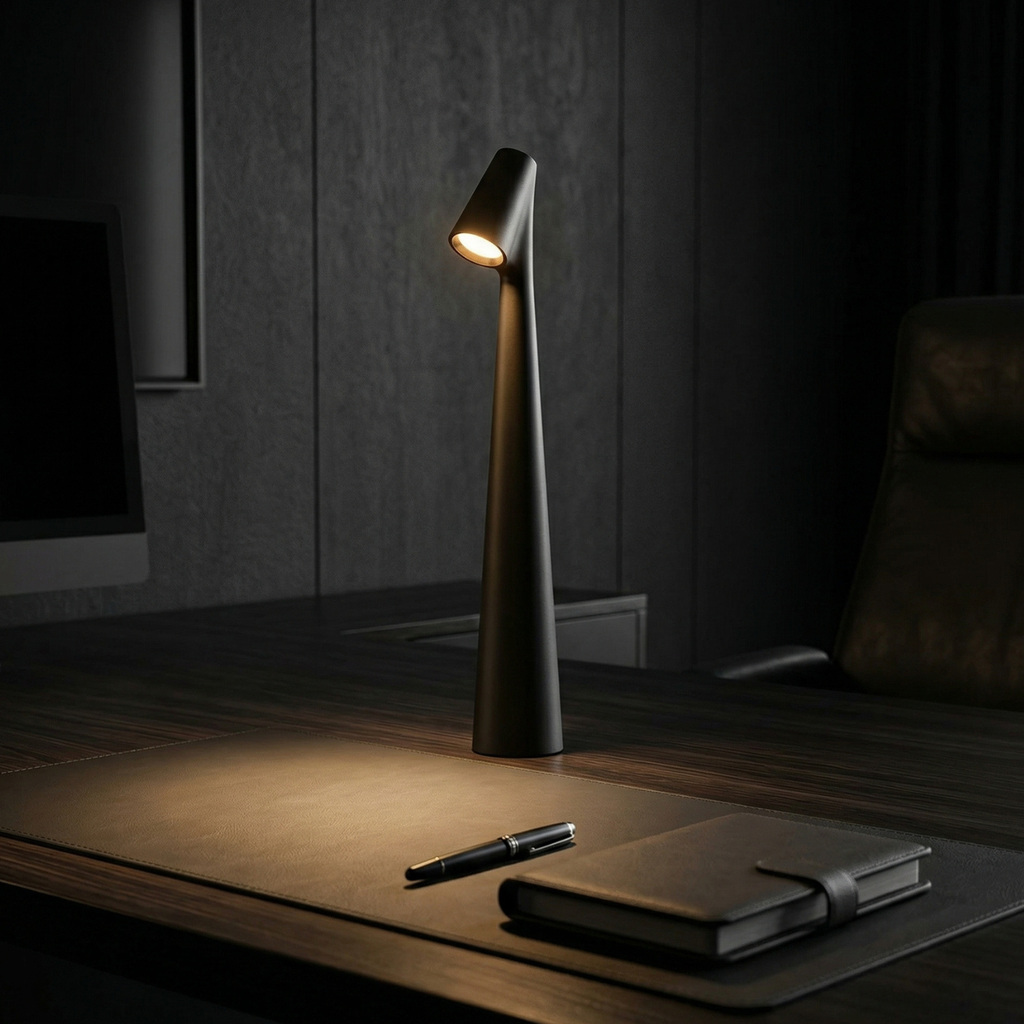 Aluminum rechargeable LED table lamp, black finish with warm light