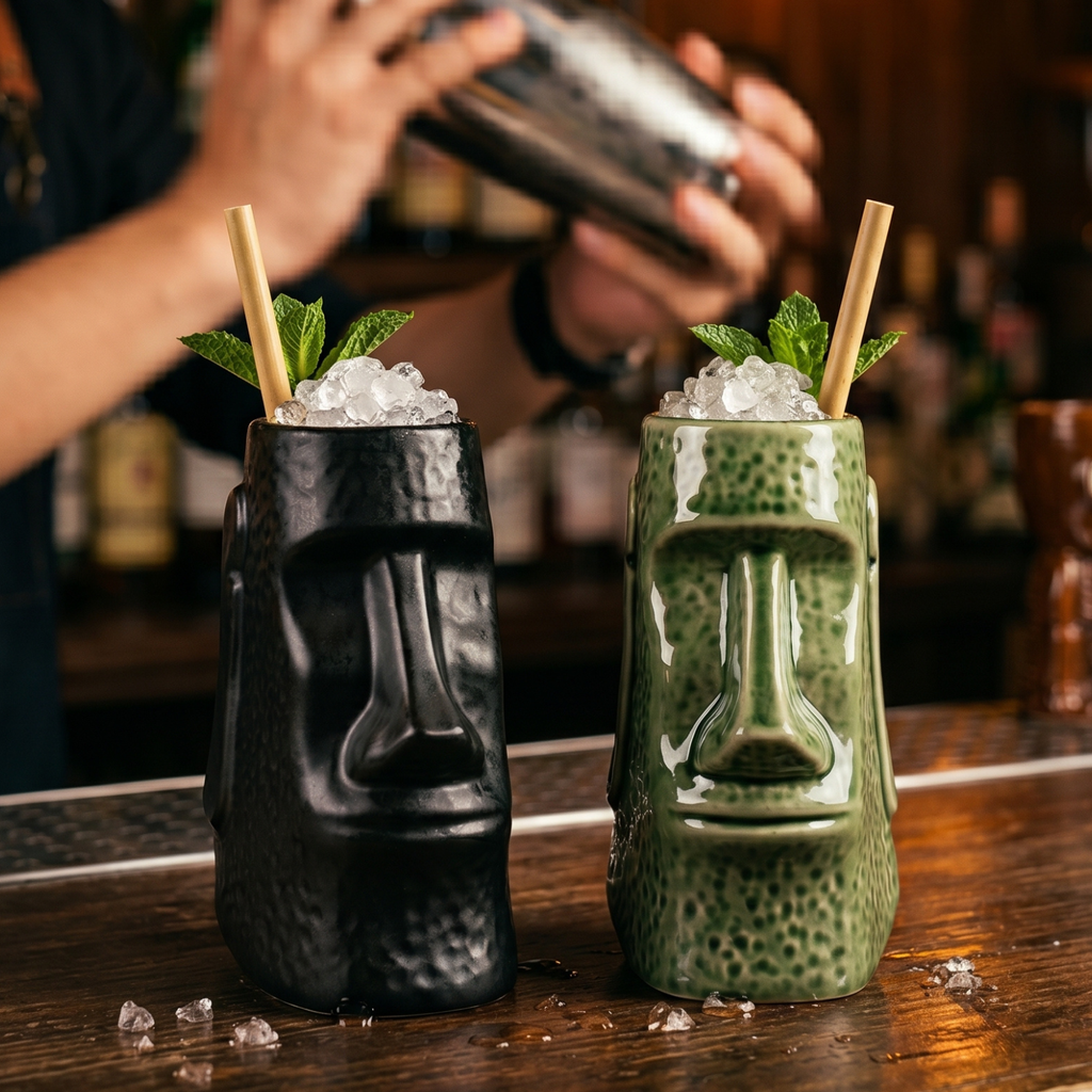 Two tiki mug cocktails with ice and mint leaves on a bar counter.