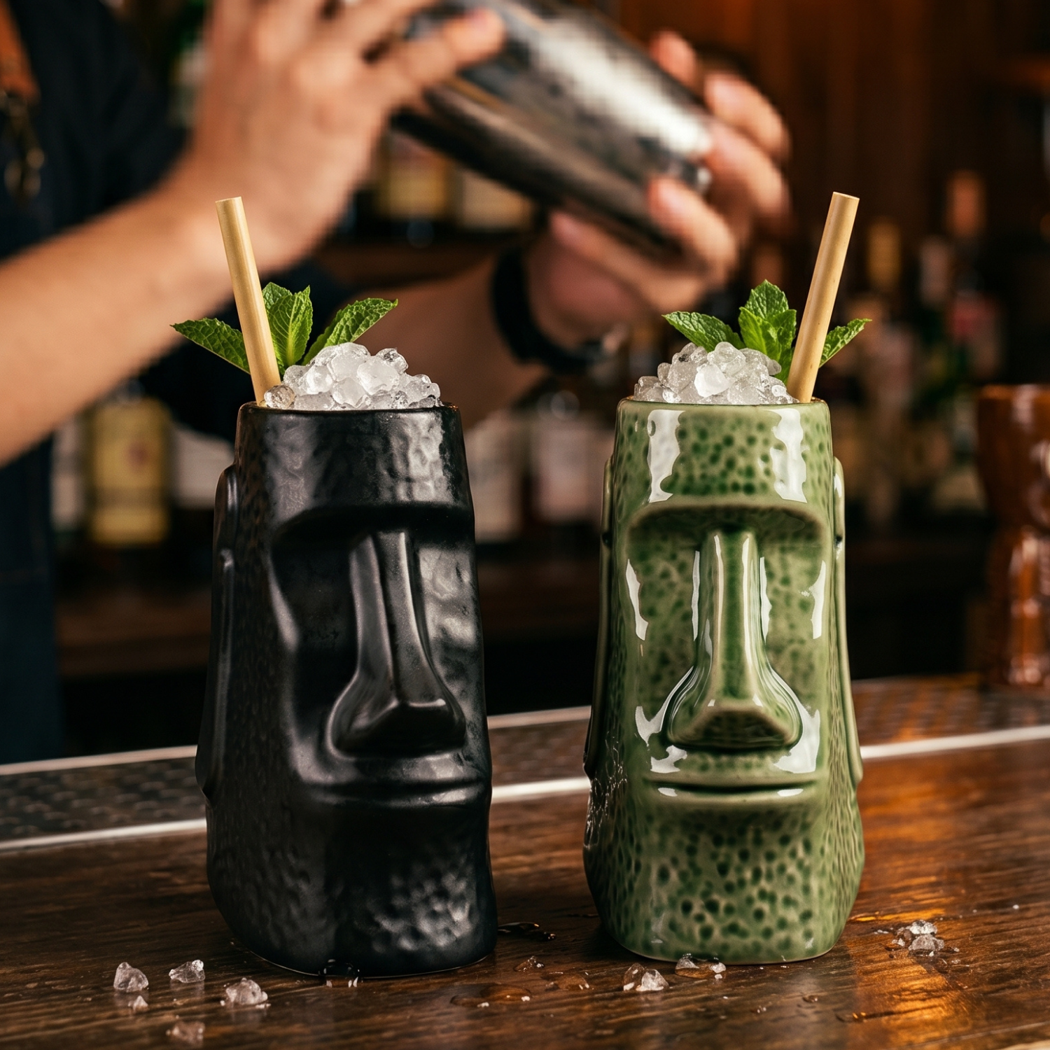 Two tiki mug cocktails with ice and mint leaves on a bar counter.