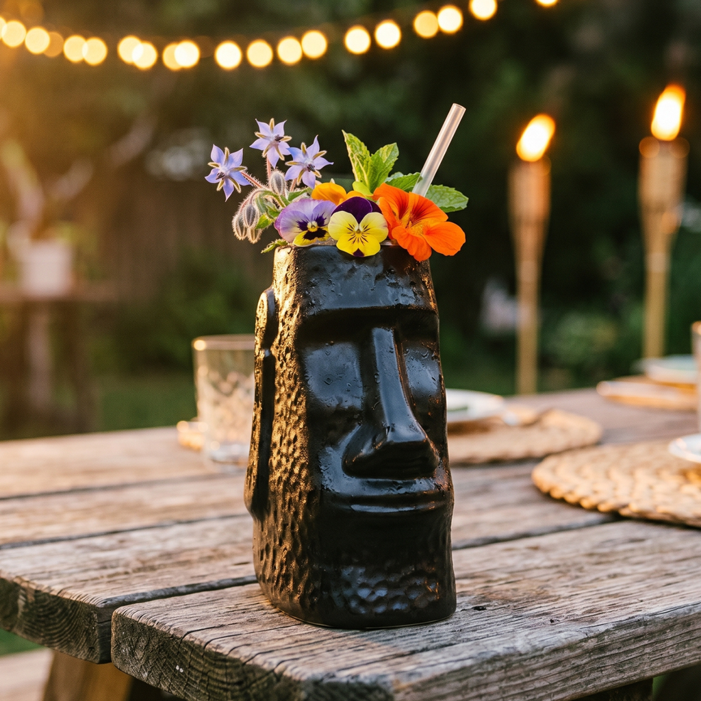 Tiki mug with floral garnish on a wooden table outdoors