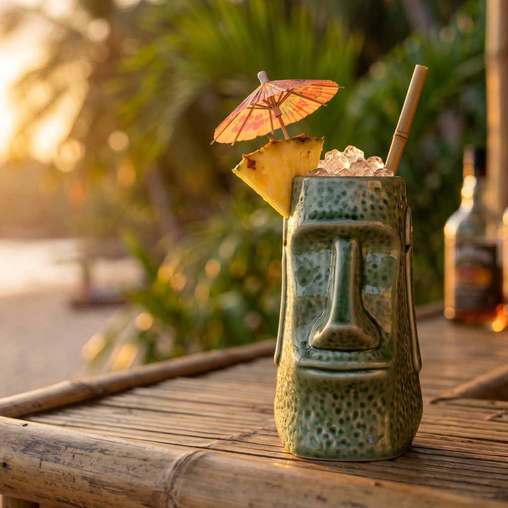 Tiki mug with a cocktail, pineapple slice, and umbrella on a wooden surface with a blurred natural background