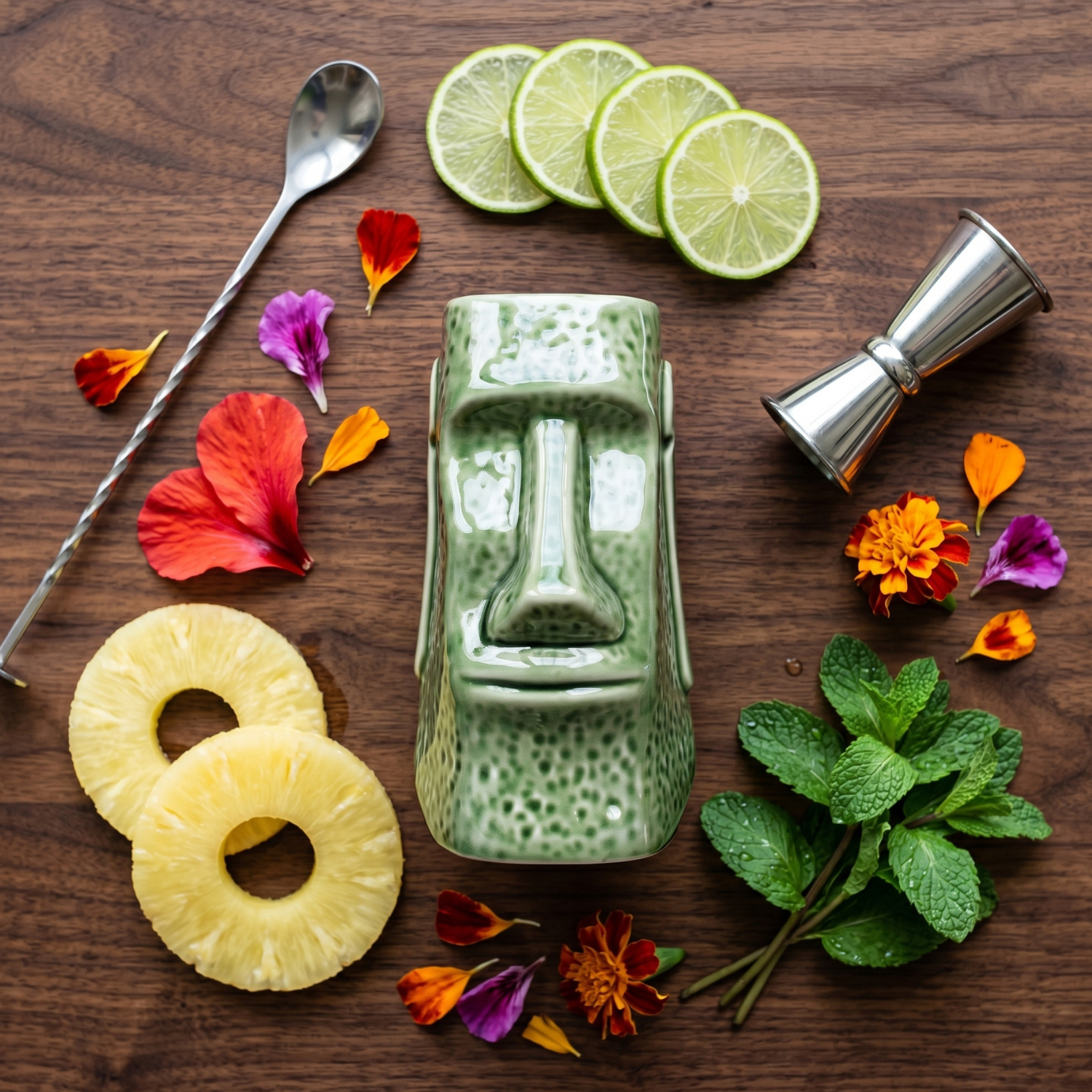 Green tiki mug with pineapple, lime slices, and flowers on a wooden surface